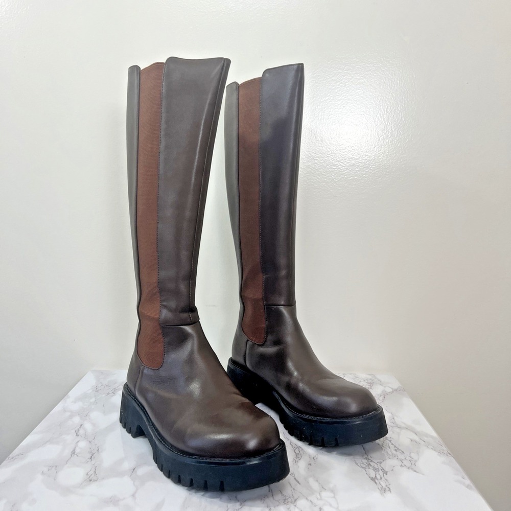 LLS Womens Leather Knee High Chunky Lug Sole Willow Boots 36 6 Y2K  Moto Pull On
